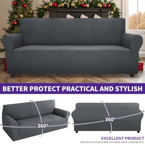Super Stretch Couch Cover (72"-92") Universal Sofa Covers with Elastic Bottom, Dog Cat Pets Friendly Washable Furniture Protector Fitted Sofa Slipcovers Stay in Place (Dark Grey, Sofa)