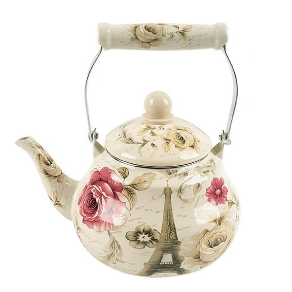 Enamel Teapot, 2L Porcelain Enameled Teakettle, Vintage Handmade Ceramic Tea Pot Coffee Pot with Handle, Non-Whistling for Brewing Tea & Coffee