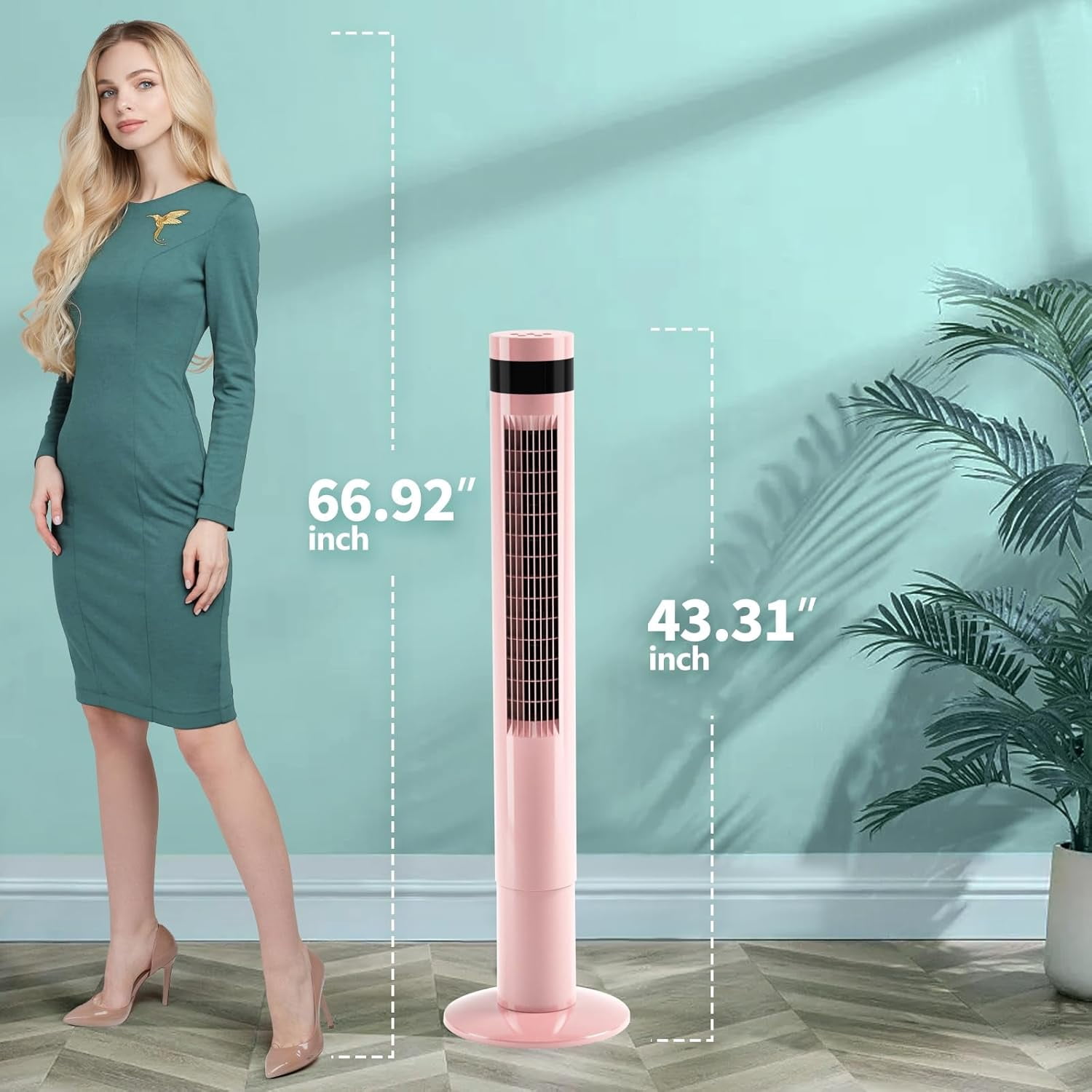 WAA 43" Pink Tower Fan Standing Oscillation Fan with Remote,3 Wind Modes,Time Settings,LED Display for Office