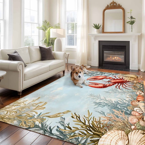 6'x9' Area Rugs, Blue Beach Coastal Indoor Outdoor Area Rug for Living Room Bedroom, Beach Coral Shell Nautical Lobster Washable Bathroom Rugs Kitchen Floor Carpet Mats Home Decor Aesthetic