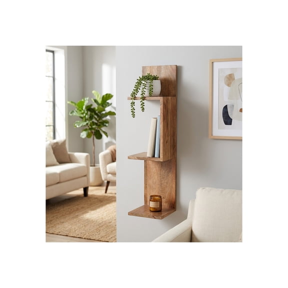 Sculptural Zig Zag Corner Wall Shelf for Home Decor - Mango Wood Hanging Storage Organizer for Living Room and Office Styling - Wall Organizer for Entryway or Dorm Decor - 33", Brown