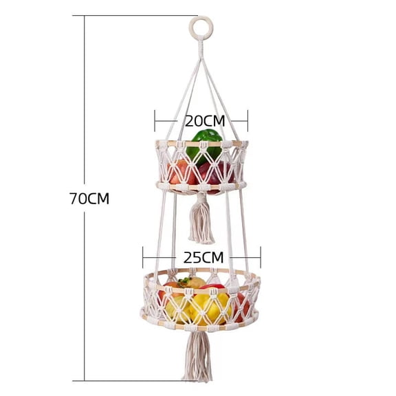 2 Tier Hanging Basket, Macrame Hanging Basket for Fruit and Vegetable Storage, Cotton Rope Woven Baskets for Kitchen, Decorative Boho Decor Hanging Plant Holder