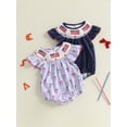 thumbnail image 3 of BemeyourBBs Newborn Baby Girl 4th of July Outfit Smocked Bubble Romper Patriotic Independent Day Summer Clothes Casual Plaid Print Flag Embroidery Fly Sleeves Bodysuit Jumpsuit, 3 of 9