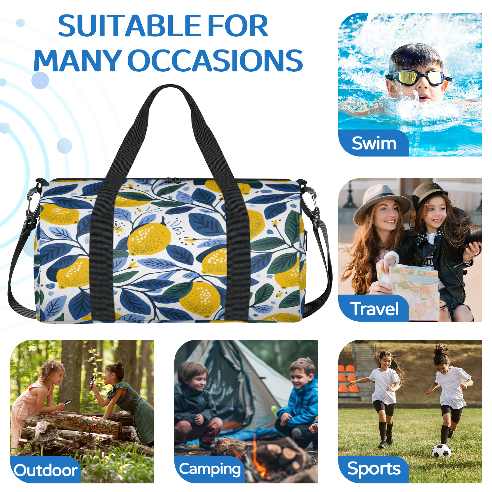 Herdesigns Lemon Gym Bag for Women, Duffle Bag for Travel Sport, Lemon Lightweight Waterproof Carry on Weekender Dance Yoga Workout Bags