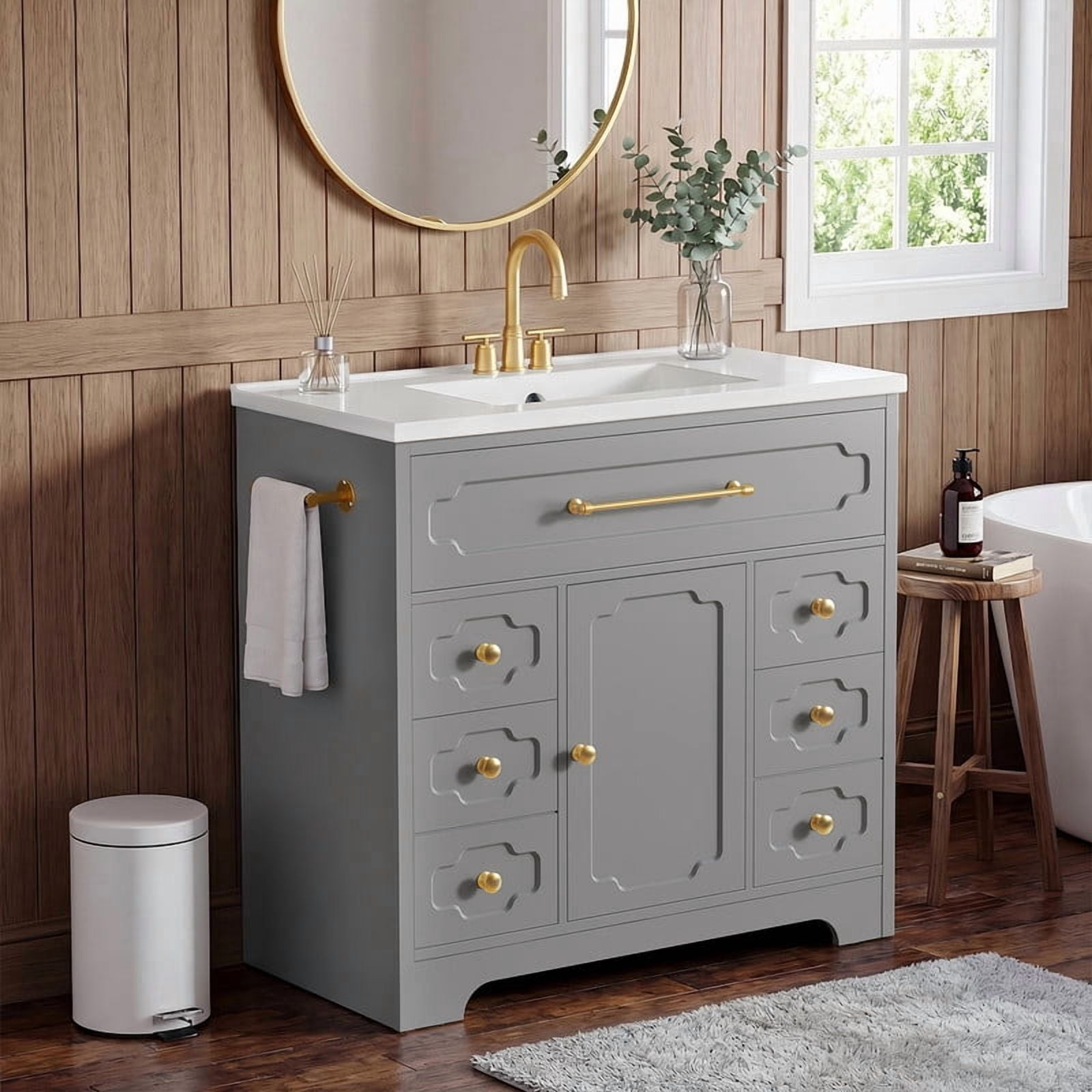 Lacoo 36'' Bathroom Vanity with Ceramic Sink Top, Modern Bathroom Storage Cabinet with Soft Close Drawers, Pre-Drilled Faucet Holes, Freestanding Vanity for Bathroom, Gray(2 Pack)