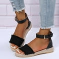 thumbnail image 2 of Sandals for Women Flat Denim Cloth Band Open Toe Sandal Buckle Ankle Strap Espadrille Sandals Vacation Beach Shoes, 2 of 5