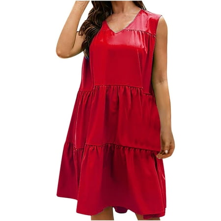

Long Sleeve Dress for Women Black Dress Women s Fashion Plain Color Sleeveless V-Neck Summer Casual Beach Dress on Clearance Dresses for Women Maternity Dress Flower Girl Dress Red 2XL