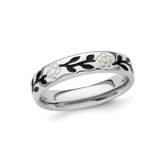Gem & Harmony Sterling Silver Flower Ring band with Black Enamel for Women