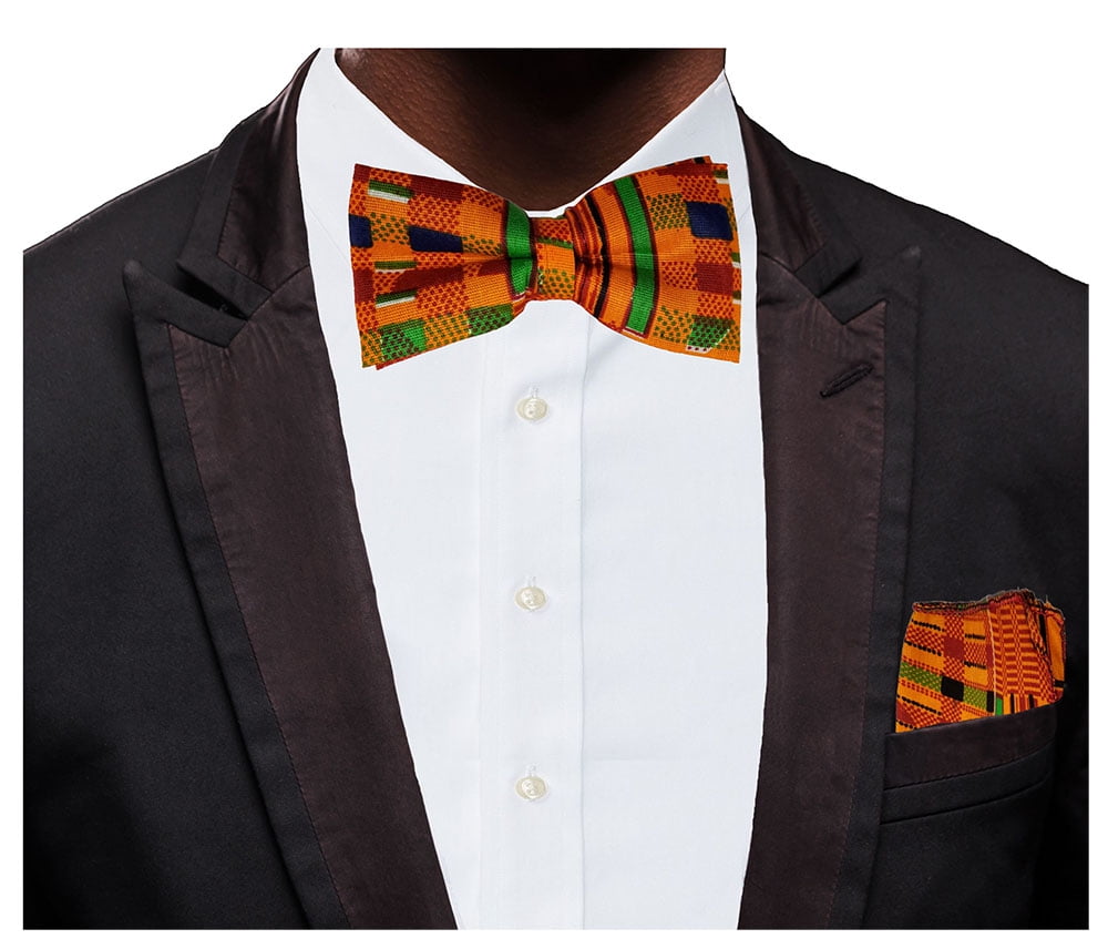 Men's Fashion African Kente Print 4 Piece Kufi Tie Bow Tie Square Accessory Set