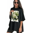 thumbnail image 3 of Plus Size Shirt for Women Black Tops for Women Oversized Short Sleeves Shirt for Women White Roses T Shirt Crewneck Shirt for Women L, 3 of 5