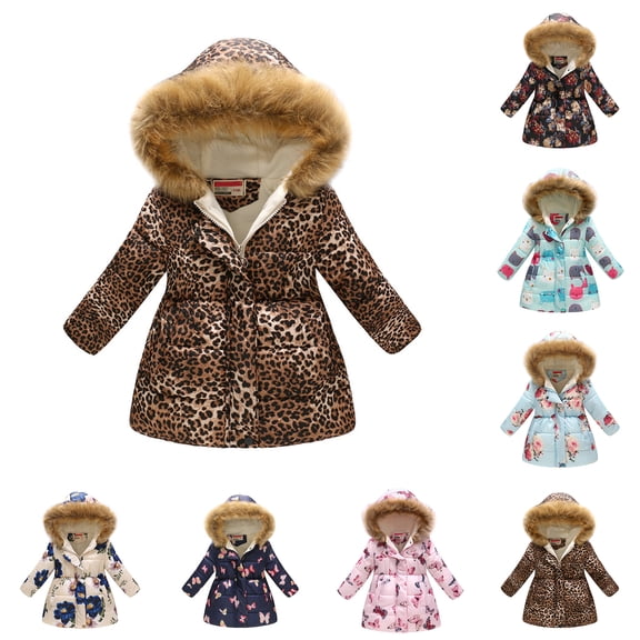 Girls Winter Coats with Hooded Puffer Jacket Cute Print Jacket Zipper Long Sleeve Waterproof Kids Thicken Jacket Girls Winter Coat Size 6-7 Years