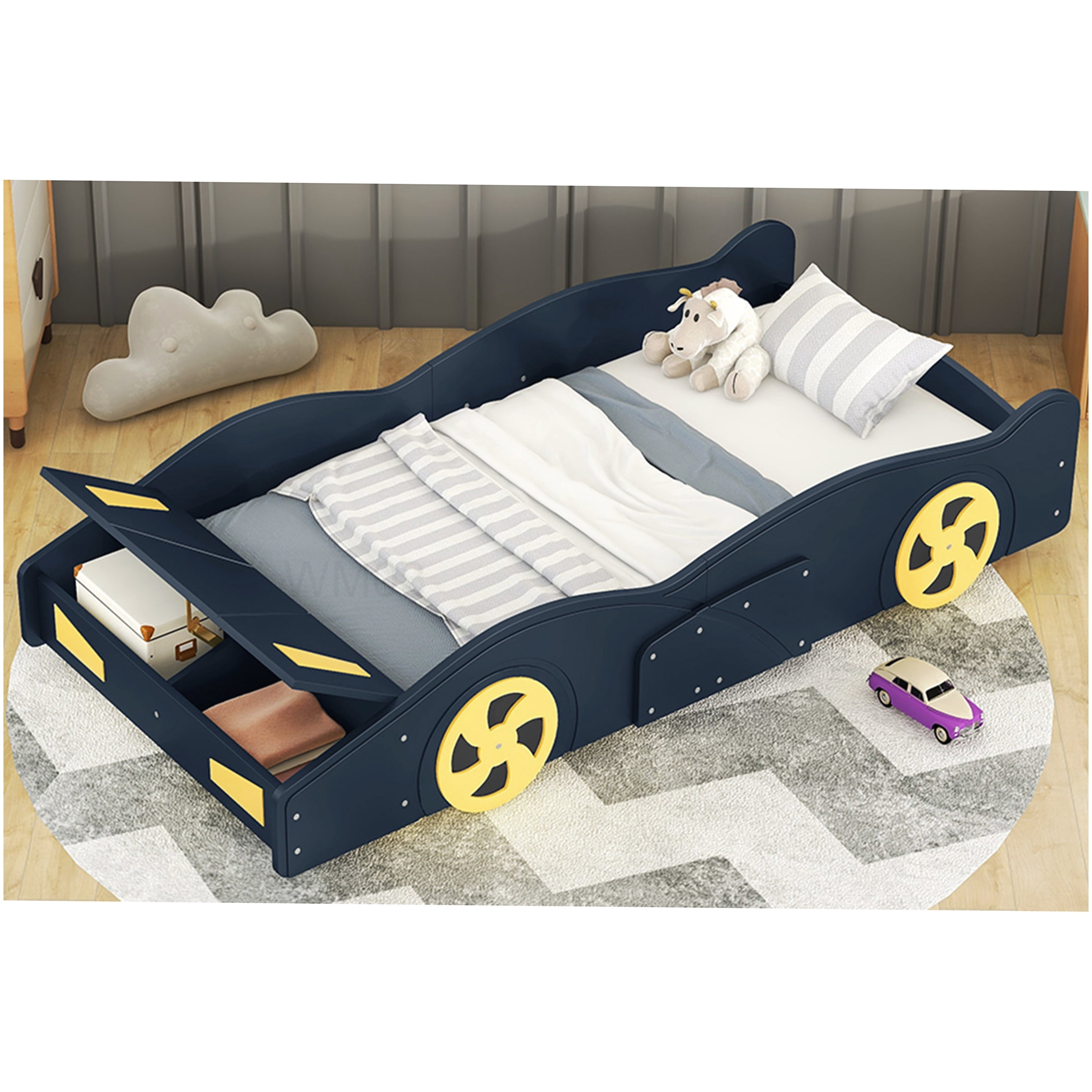 Low Profile Twin Bed Frame with Storage, Race Car Design, Solid Wood Platform Base