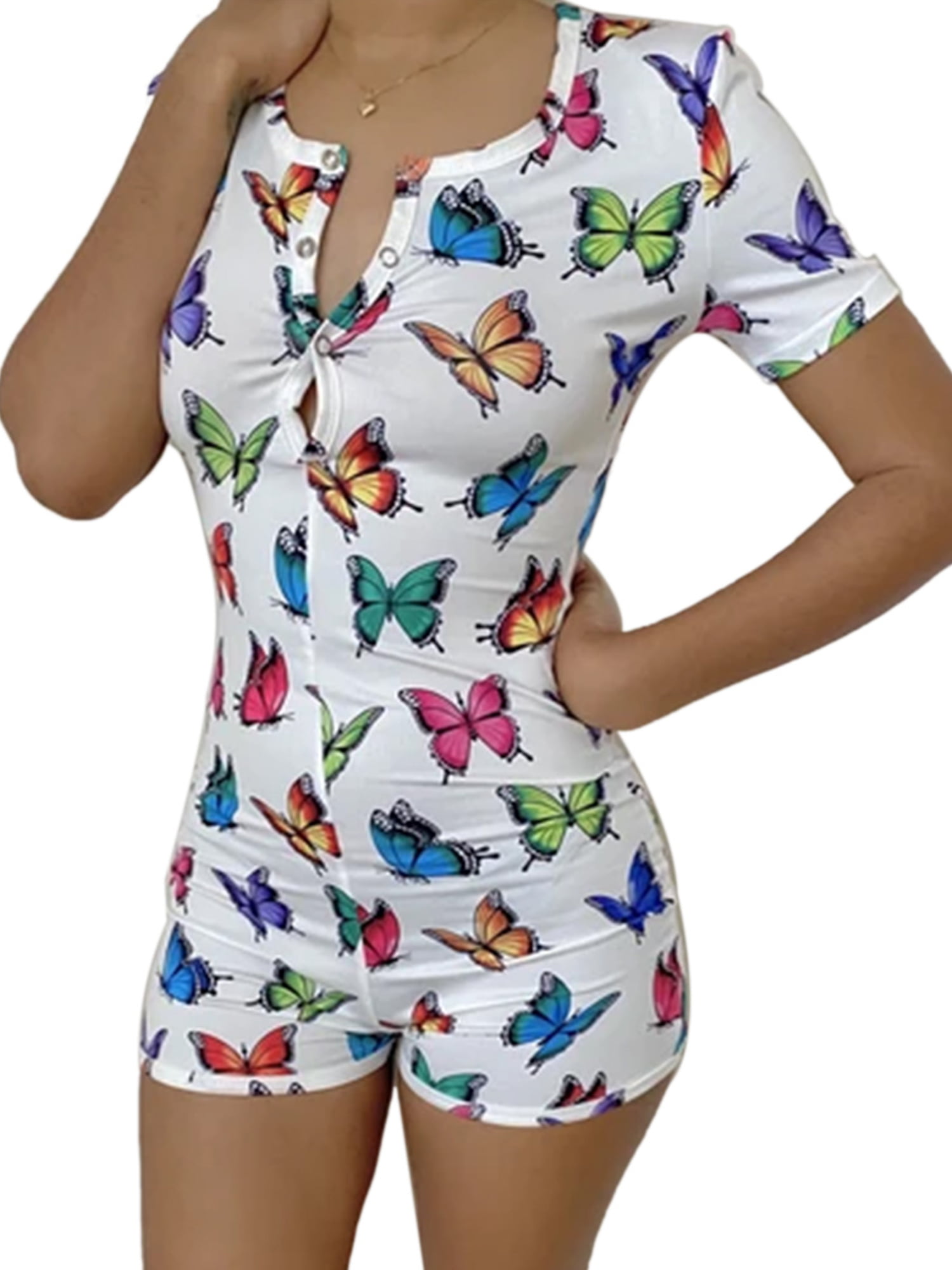 Women's Printed V Neck Leotard Jumpsuit Sleepwear Short Romper Bodysuit Pajama