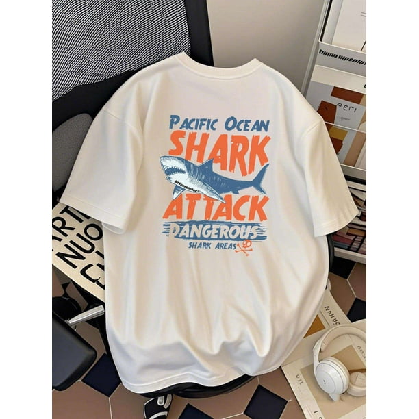 PRIVATHINKER Men'S Cotton Graphic T-Shirt - Casual Loose Fit, Shark Attack Print, Short Sleeve, Crew Neck, Breathable Summer Tee for Casual Attire, Outdoor Apparel | Graphic Tee | Breathable Materia