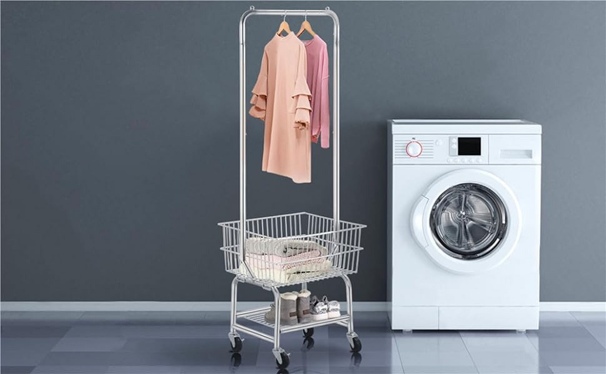 Wire Commercial Rolling Laundry Cart Bulter Garment Rack,Laundry Butler Storage Rack,w/Hanging Drying Rack Wash Basket/Bag Mesh Collapsible Racks on Wheels