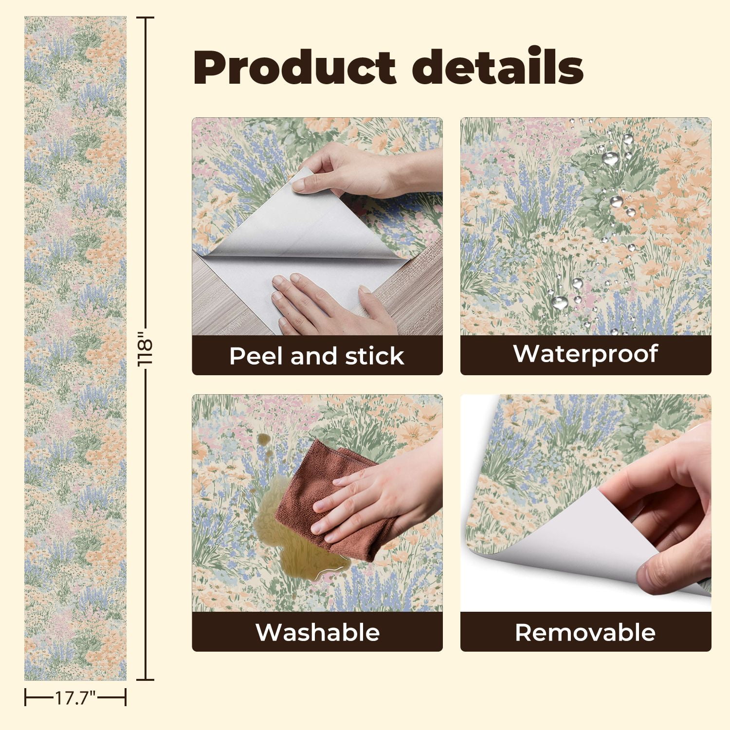 Peel and Stick Wallpaper 17.7in x 9.8ft Pastel Floral Soft Pink Blue Green Flowers Contact Paper Vinyl Waterproof Self Adhesive Wall Paper for Bedroom Shelf Cabinet Renter Friendly