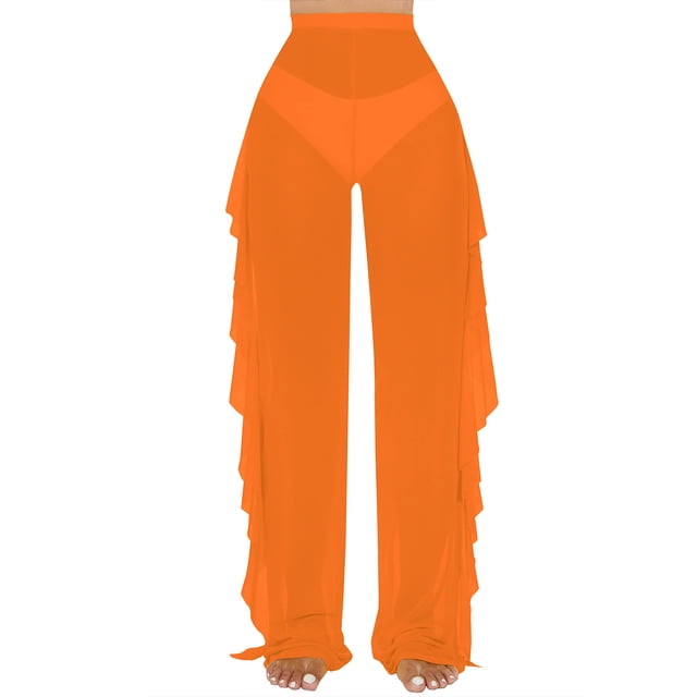 Traje de baño Cover Up Pants Jumppmile de malla transparente con volantes, naranja