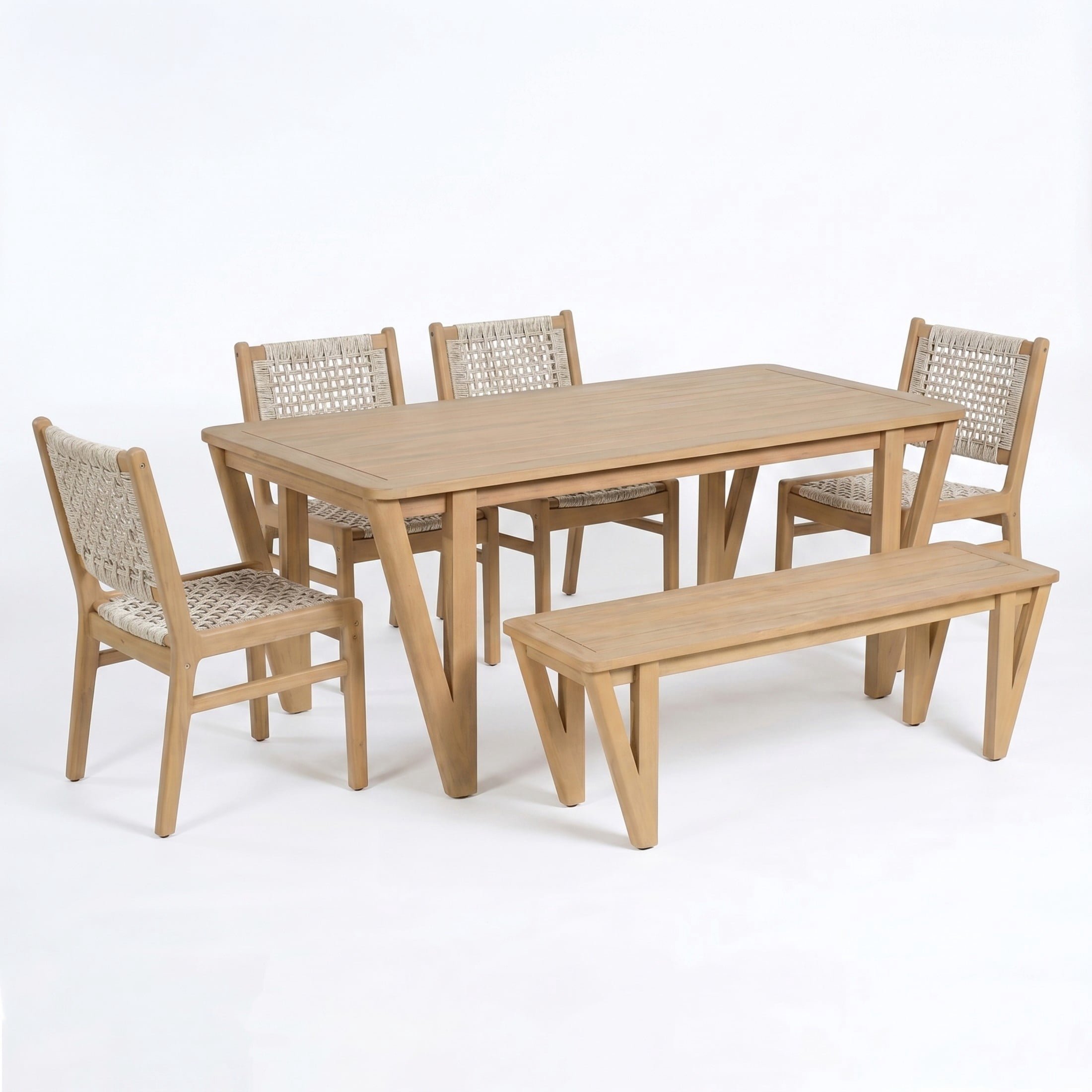 Christopher Knight Home 6-Piece Wood Patio Dining Table with Bench and Wicker Chairs Set, Light Gray