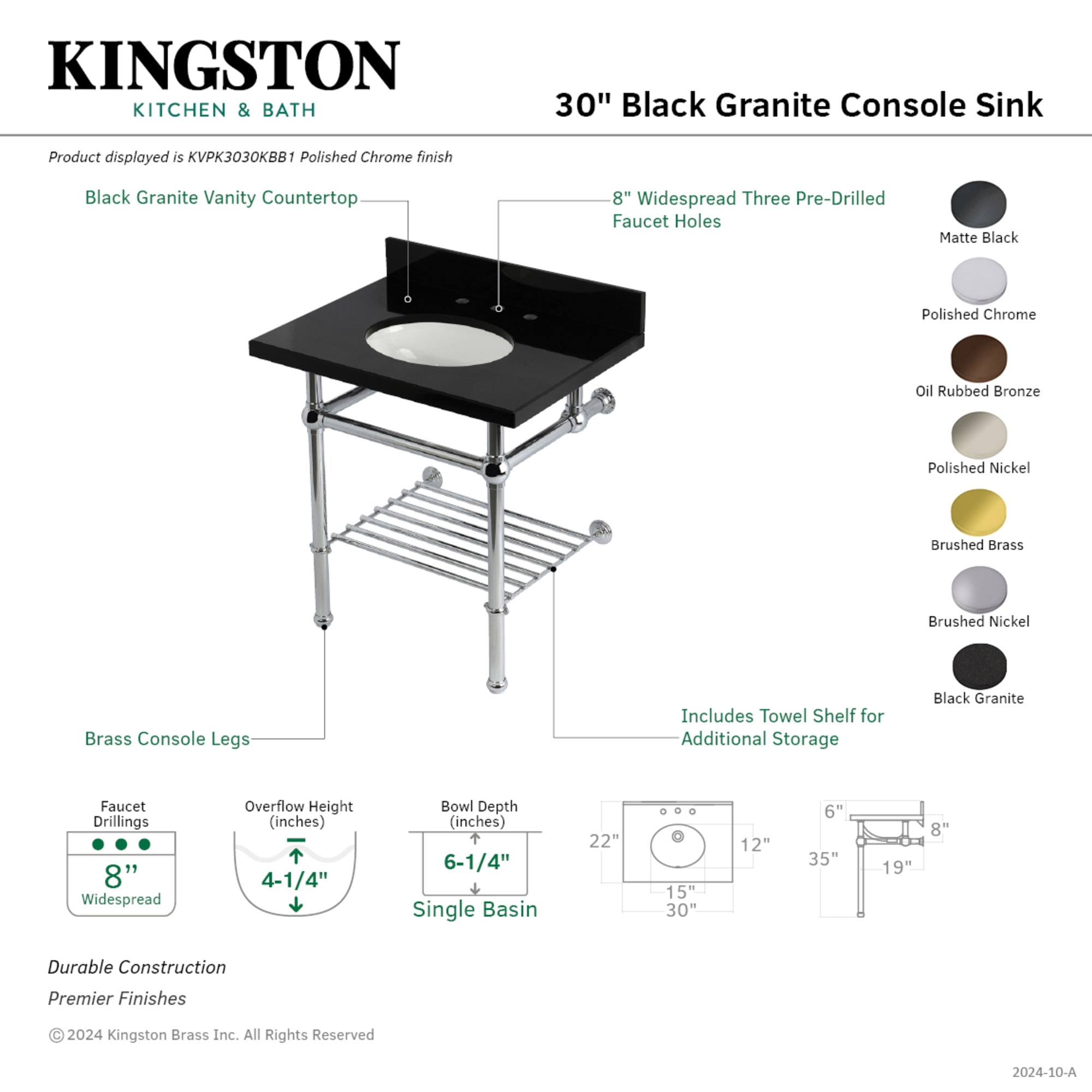 Kingston Brass KVPK3030KBB0 Templeton 30" Black Granite Console Sink with Brass Legs and Shelf (8-Inch, 3-Hole), Black Granite/Matte Black