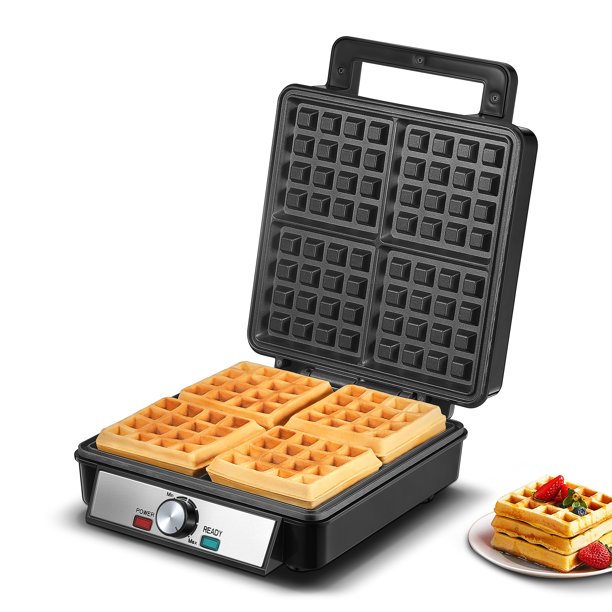 AICOOK Belgian Waffle Maker 4 Slices with Temperature Control, 1200W, Black/Silver