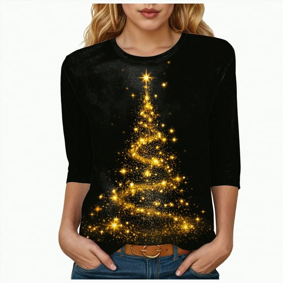 Dmsael Christmas Tree Top for Women Christmas Shirts for Women 3/4 Sleeve Tunic Tops Glitter Xmas Tree Print Tshirt Crewneck Pullover Blouses Gifts Tees Black,3XL