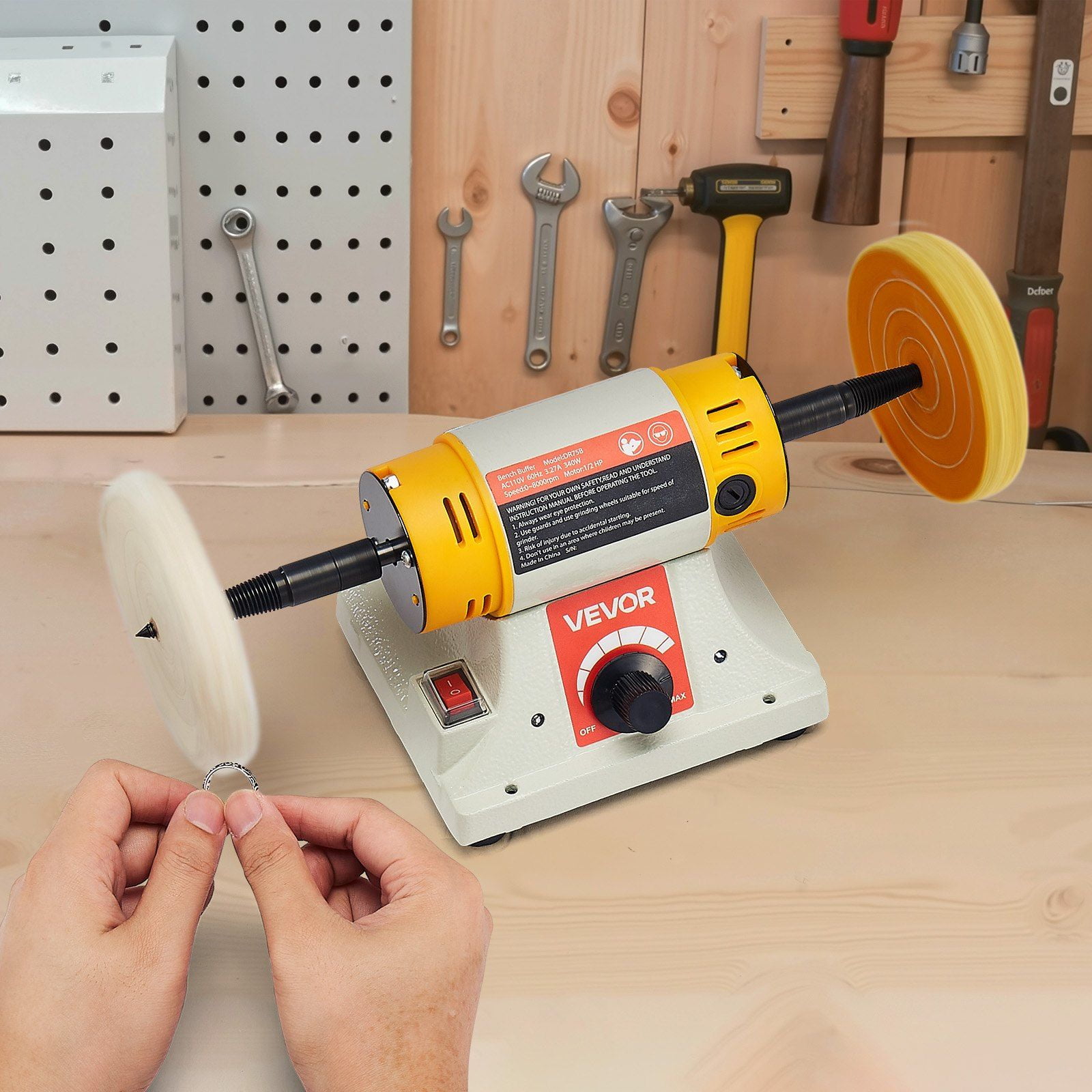 1/2HP Bench Buffer Polisher with 0–8000 RPM Stepless Speed Control, Compact Benchtop Buffing Machine with 3-Inch & 4-Inch Wheels, Complete Polishing Kit for Metal, Wood, and Jewelry Finishing