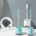 thumbnail image 1 of Kit de cepillo de inodoro con cerdas duras y mango largo - Limpiador compacto moderno para cuencos de baño, base de plástico, blanco/azul/verde, 18,9", 1 of 9