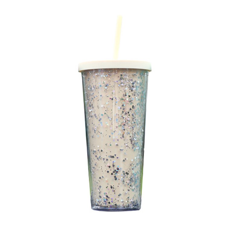 Yesbay 24OZ/710ml Water Cup with Straw Glitter Double Wall Wavy Edge  Straight Tumbler Juice Iced Coffee Cup