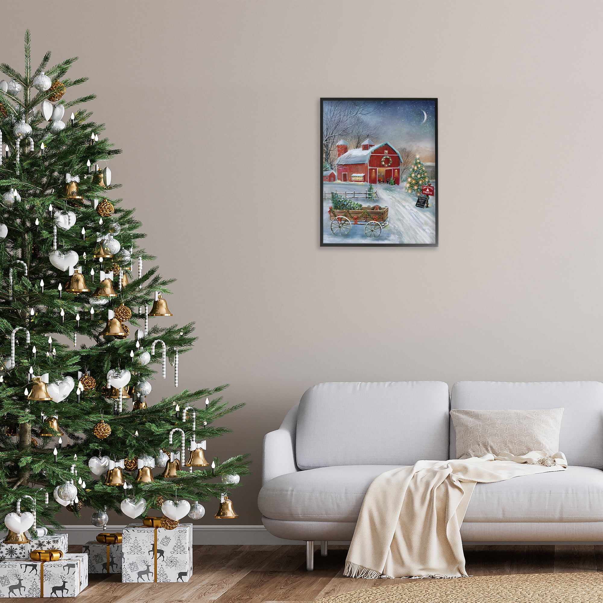 Stupell Industries Holiday Wagon & Barn Holiday Painting Black Framed Art Prints Wall Art, 24 x 30