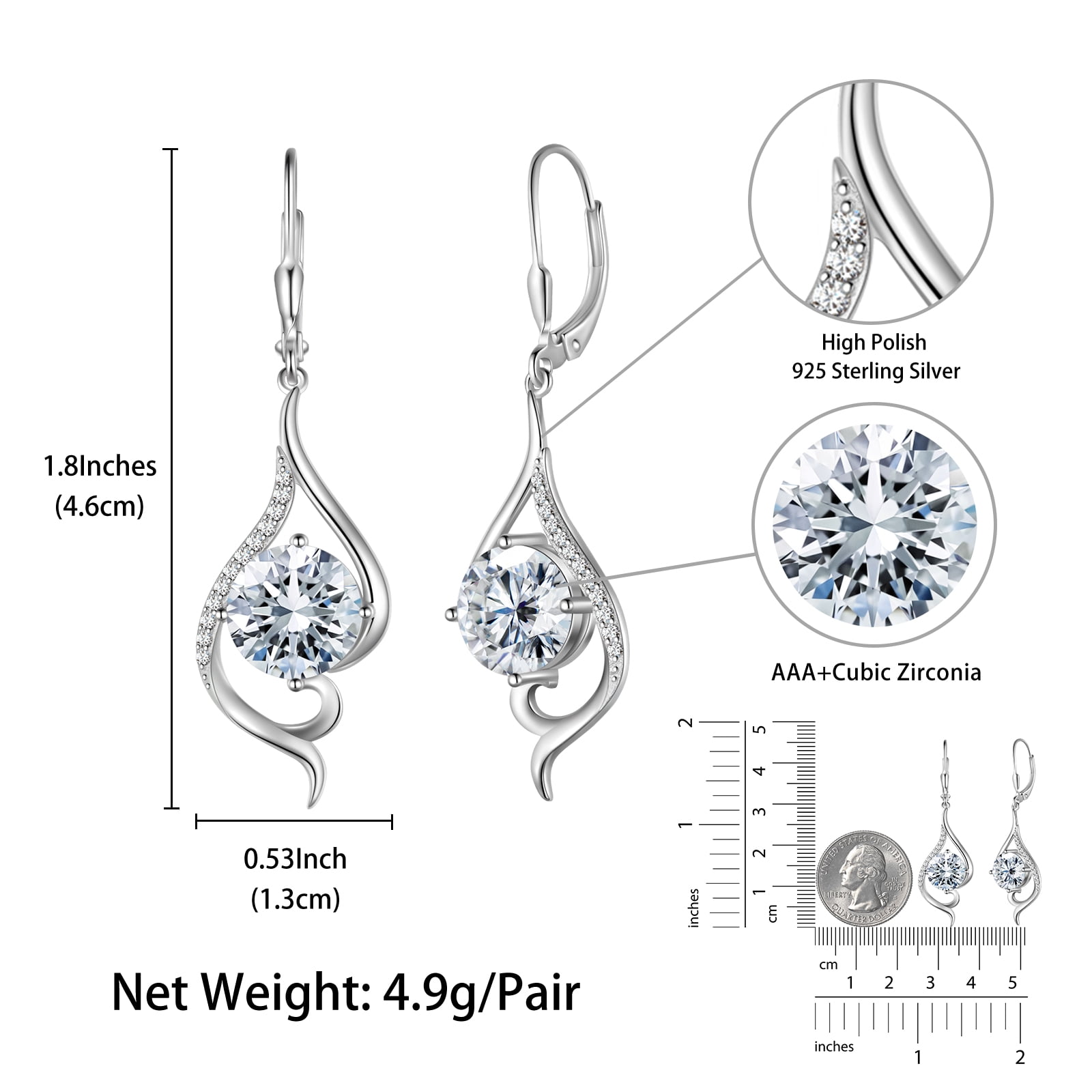 Juwaliy Women Dangle Earrings April Birthstone Earrings Sterling Silver Leverback Diamond Bridal Jewelry Mermaid Tail Wife Birthday Valentines Mother's Day Gift for Her