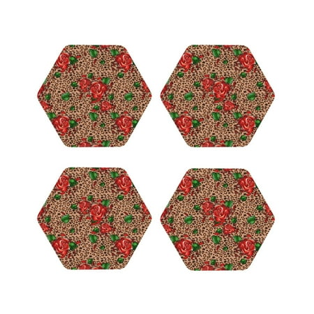 

Pofeuu Rose Mix Leopard 1 Print Coasters for Drinks 4Pack PU Leather Coasters Bar Drink Coasters for Tabletop Protection Furniture from Damage-Hexagon