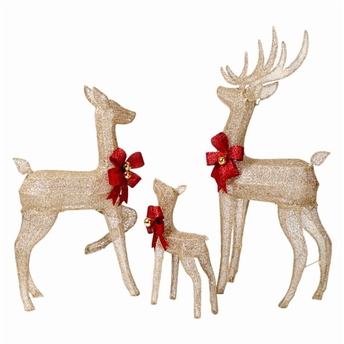 3-Piece Champagne Family Elk Christmas Decoration - 210 Built-In Light Strings, Easy Installation w/Ground Spikes, Indoor/Outdoor Holiday Decor