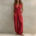 thumbnail image 4 of Womens Summer Halter Jumpsuits Plunge Sleeveless Beach Vacation Romper Elastic Waist Linen Jumper with Pockets Red, L, 4 of 7