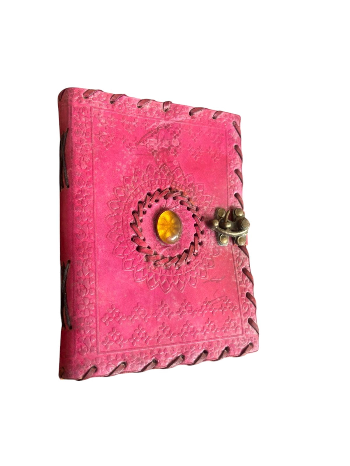 Handmade Pink Leather Journal with Stone Closure, White Drawing Pages, Vintage Notebook Diary 5x7 Inch
