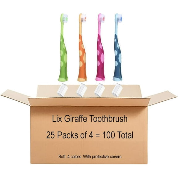 Kids Toothbrush Set of Soft Giraffe Toothbrush for Kids 3-9. Easy-Grip, Bristle Cover, Self-Standing & Splited Bottom for Cup Rim. by Lix, 4 Colors (100)
