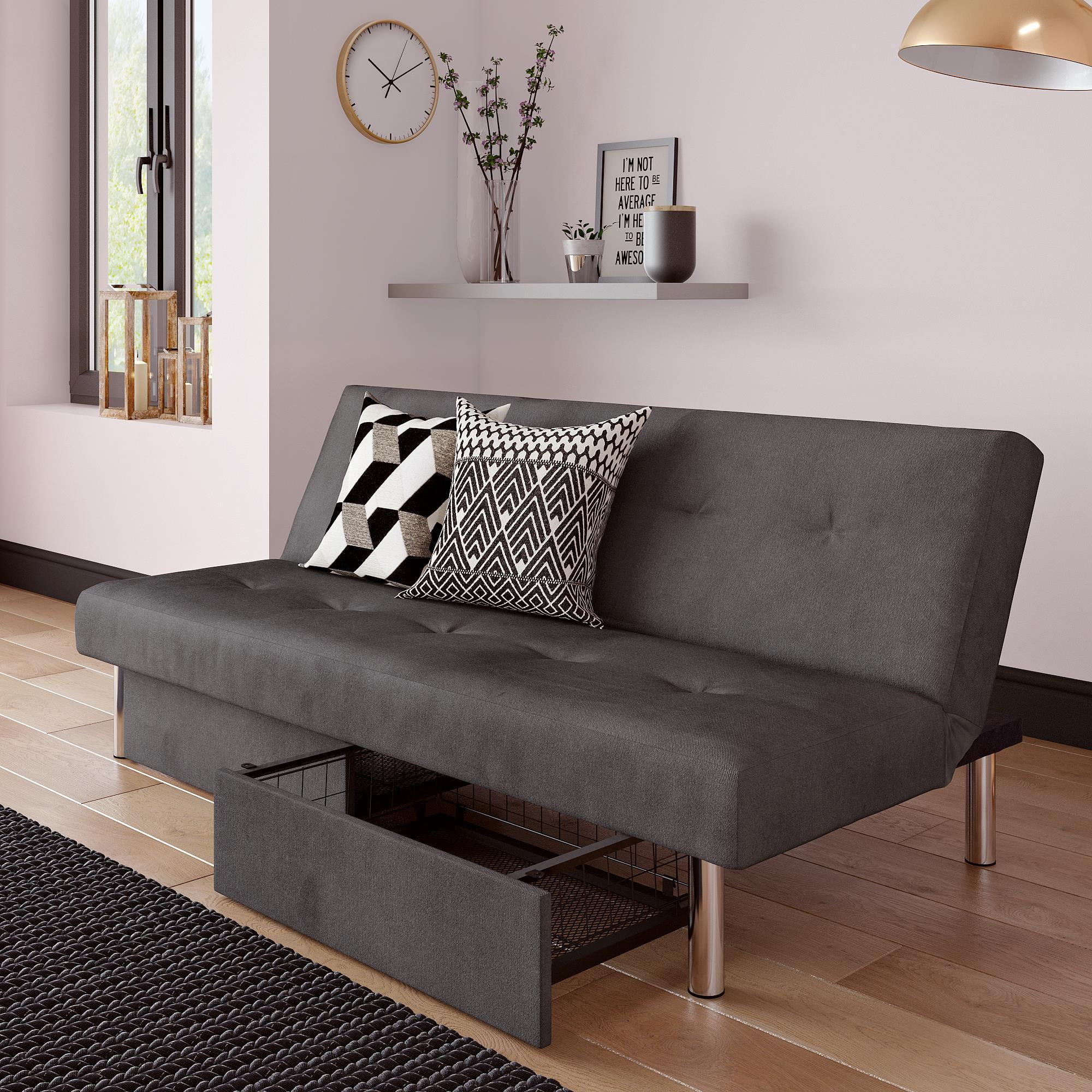 RealRooms Stacey Futon Couch with Storage Drawers, Small Spaces