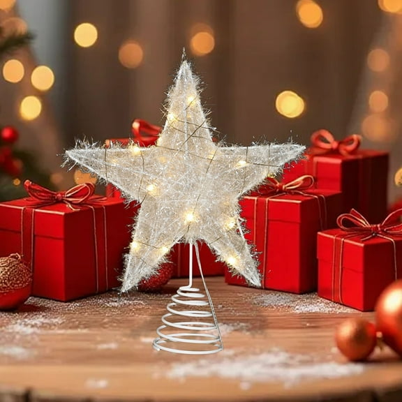 Christmas Star Tree Topper 7.87 Inch with LED Lights Battery Operated Glittering Hollow Out Design for Xmas Tree Decorations Home Party Festive Holiday Ornament Shimmering Decor(Battery Not Included)