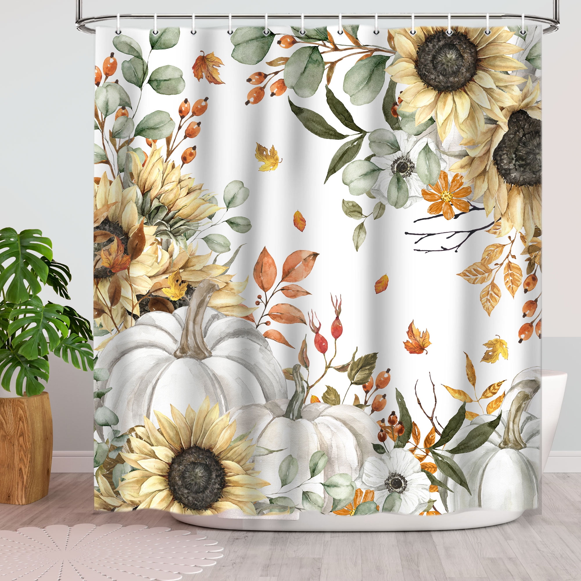 Autumn Shower Curtain, Pumpkin Sunflower Fall Themed Bathroom Decor