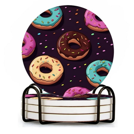 

BaHomeck Drink Coasters Set of 4 with Holder Colorful donuts with some sprinkles Water Absorbent Ceramic Coasters Tabletop Protection Suitable for Various Cup Home Decor