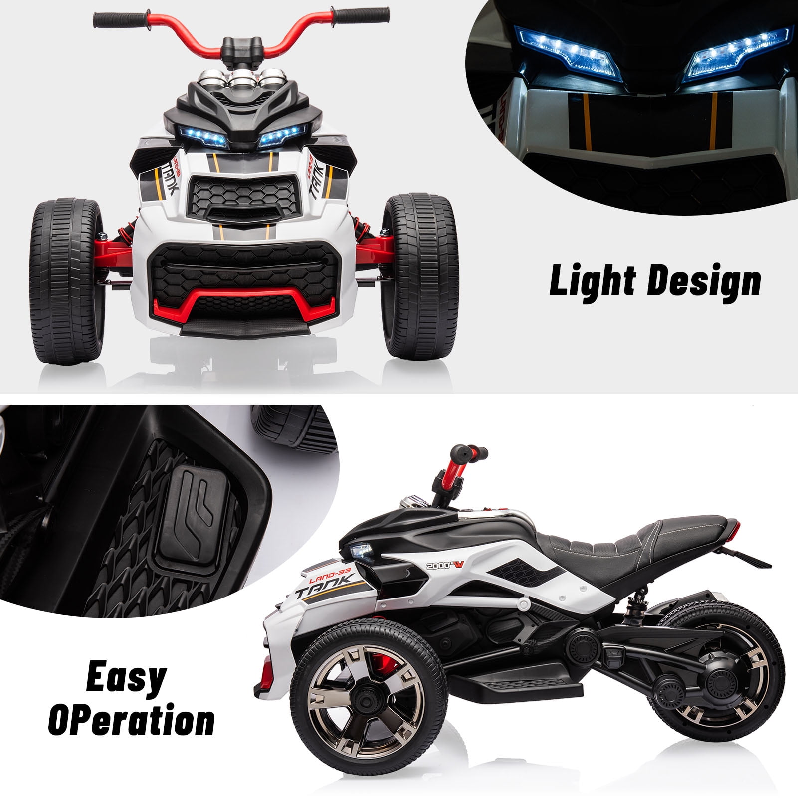 EastVita 12V 3 Wheeler Ride on ATV Electric Motorcycle, Battery Powered Electric Vehicle w/LED Lights, High & Low Speed, Horn, Music, USB, Treaded Tires, Ride on Car White