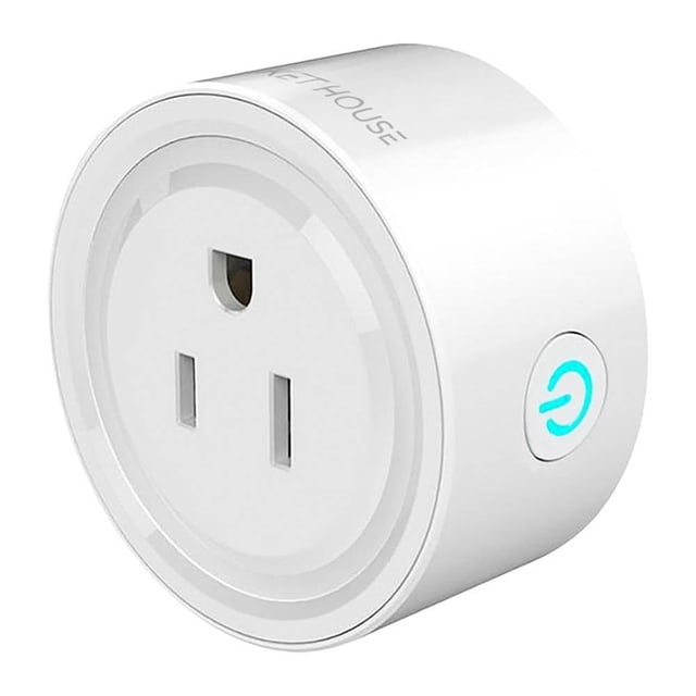 contacto inteligente rocket house blanco rh-so — vista 3/4 frontal de un enchufe inteligente cilíndrico blanco con toma tipo A, botón lateral con LED azul y marca Rocket House; diseño compacto, control por app vía Wi‑Fi 2.4 GHz y compatibilidad con Hey Google y Amazon Alexa; también apto para programar iluminación durante viajes.