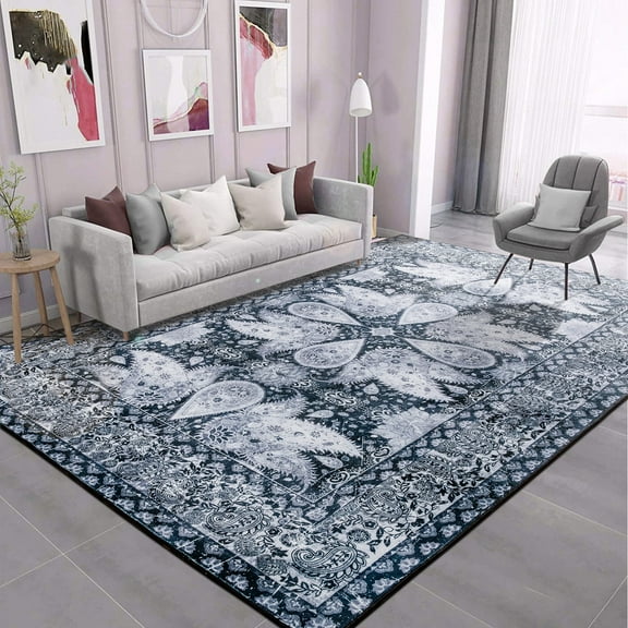 Wondo 4x6 Area Rugs for Living Room, Machine Washable Vintage Rug, Non-Slip Low Pile Throw Rugs with Rubber Backing Washable Carpet for Bedroom Dining Room Kitchen Home Decor, Black