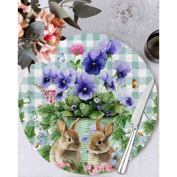 15 Inch Round Placemats Set of 4, Spring Easter Non Slip Heat Insulation PP Table Mats, Purple Floral Summer Botanical Teal Plaid Washable Place Mats for Kitchen Dining Party Table Decor