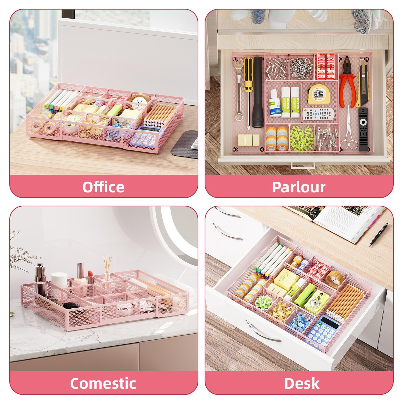 Expandable Desk Drawer Organizer  Mesh Tray With 10 Adjustable Compartments Organizers For Office Supplies Makeup & Vanity (expandable-pink)