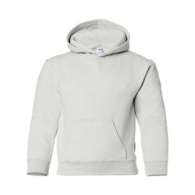 sudadera con capucha gildan youth heavy blend gildan 18500b Blanco, vista frontal centrada de sudadera juvenil con capucha y bolsillo canguro, silueta recta con puños y pretina ribeteados, etiqueta Gildan visible dentro de la capucha, tejido de punto liso; a menudo usada para estampado personalizado o capas casuales.