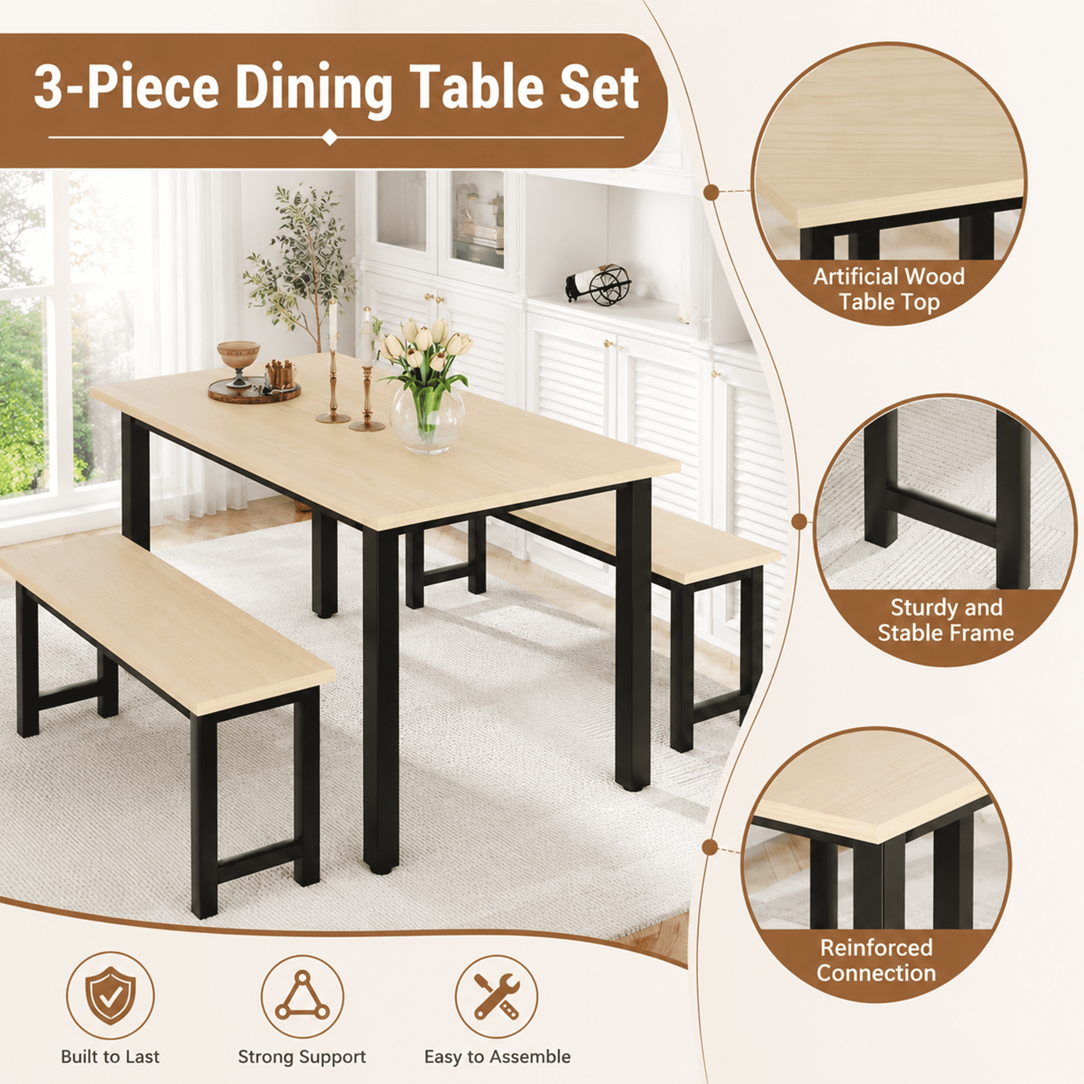 UHOMEPRO Dining Table Set for 4, Kitchen Table with 2 Benches, Modern Dining Room Table Set with Metal Frame, Breakfast Nook Furniture Set for Home Cafeteria Bar Kitchen, Natural+Black