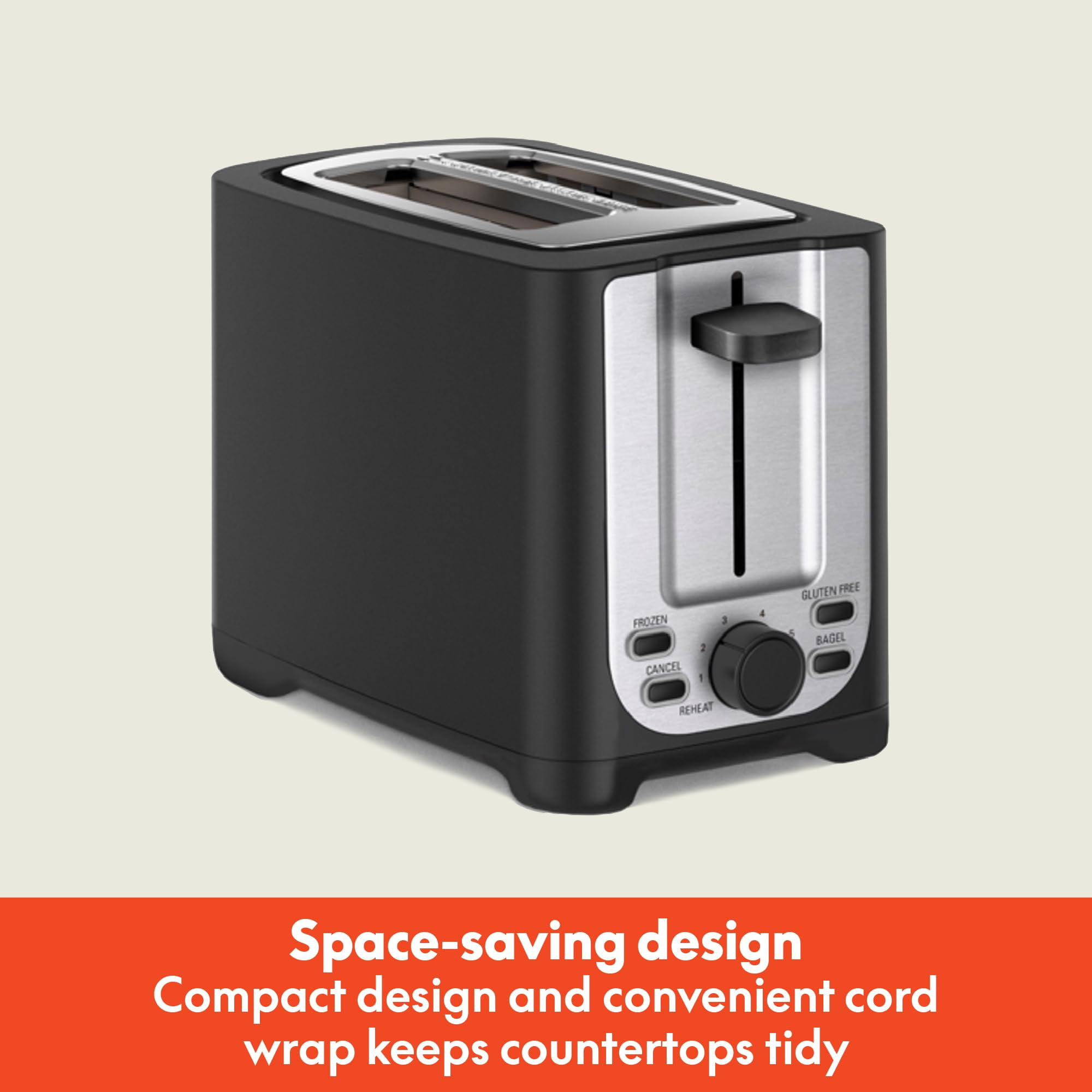 Double-slot toaster with automatic shut-off - extra-wide slots, removable crumb tray, and cancel, defrost, and reheat functions - can toss bread, bagels, and waffles.