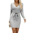thumbnail image 3 of Women'S Long Sleeve Bodycon Sweater Dress V Neck Cable Knit Slit Midi Dresses with Belt Gray XL, 3 of 9