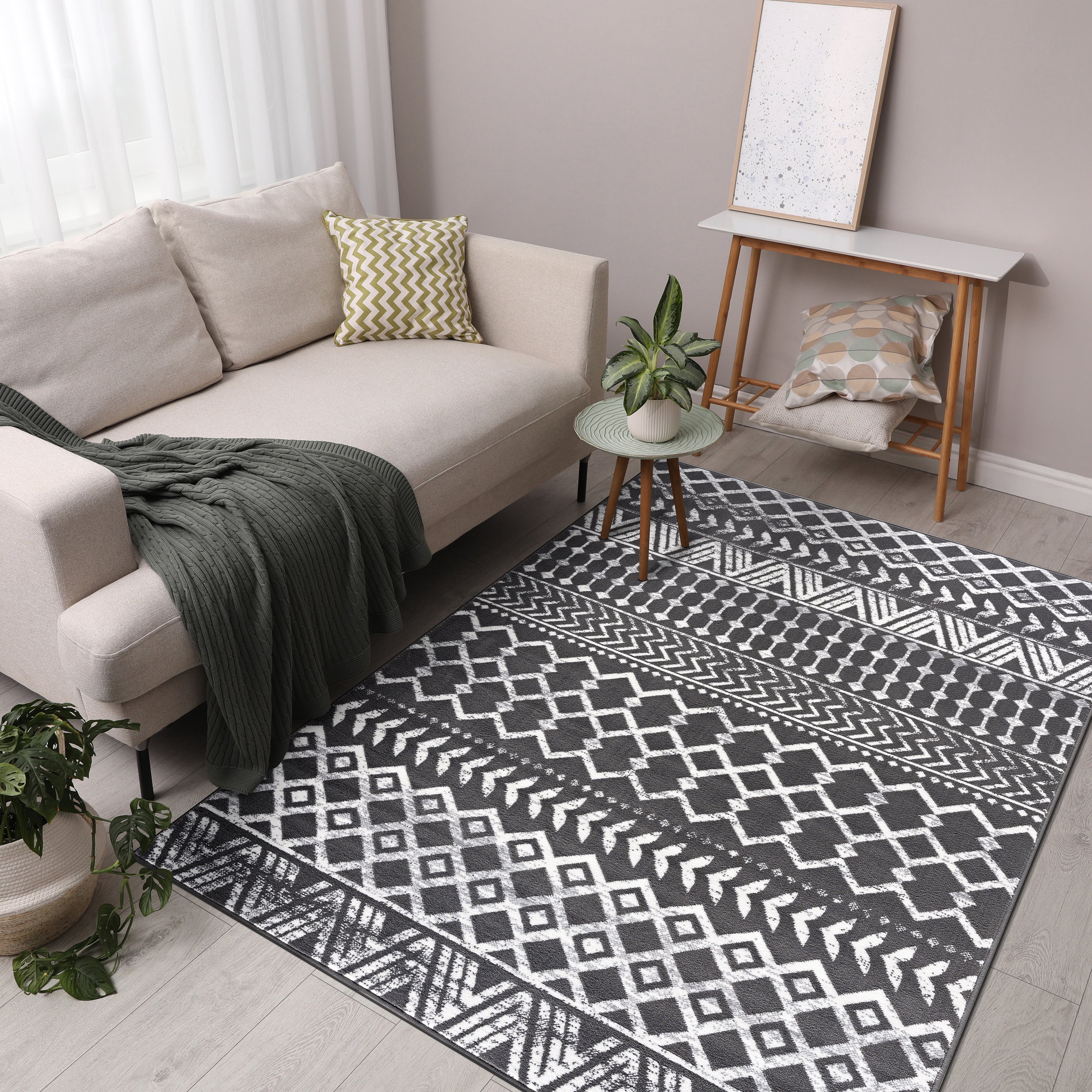 CAMILSON Crystal Dark Grey Area Rug 3'x5' Boho for Living Room Bedroom Dining Room Dark Grey / Cream Indoor Area Rugs