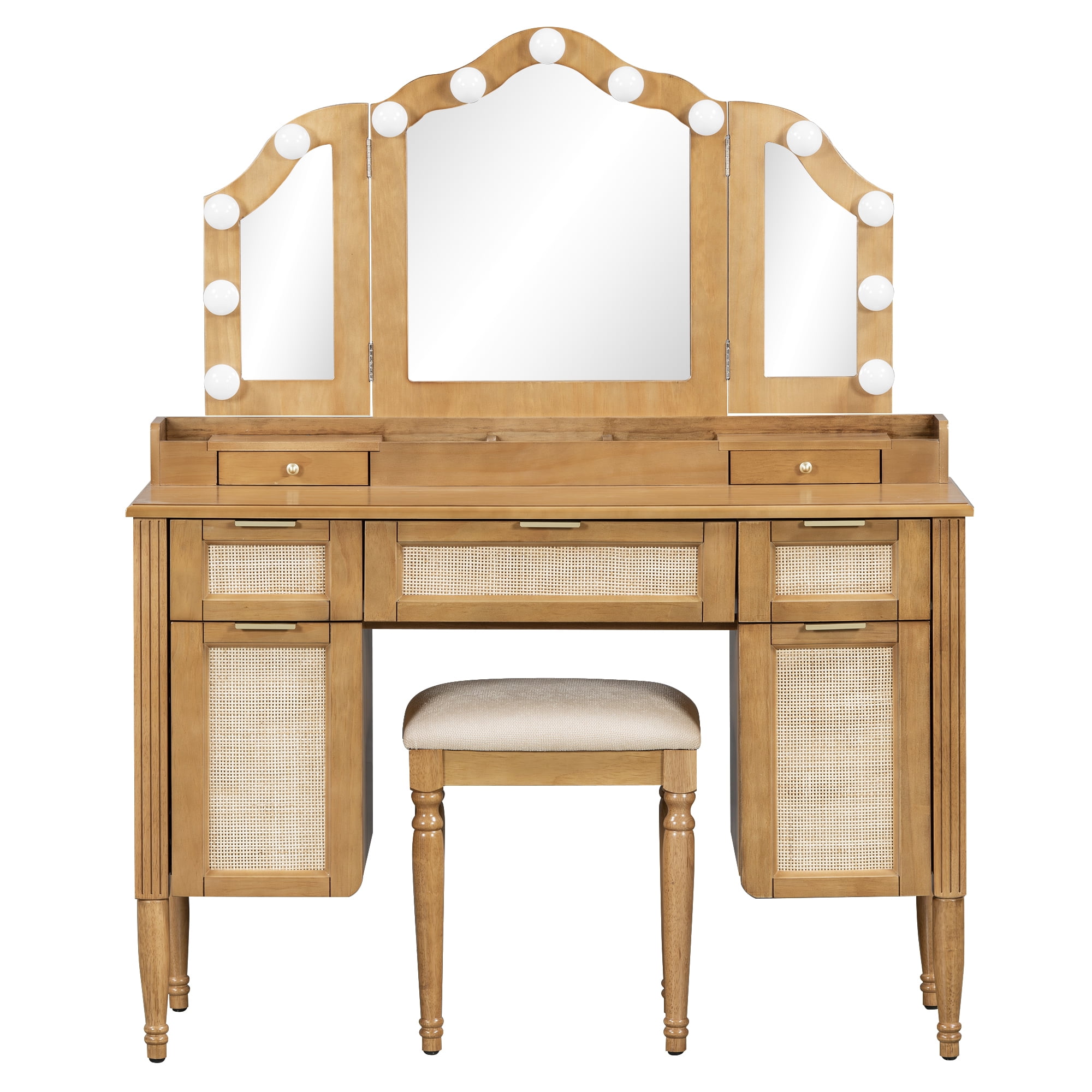 Euroco Makeup Vanity Table with Mirror and Lights, Vanity Desk with A Stool,3 Drawers,Charging Station & 3 Lighting Modes,Large Dressing Table Set for Bedroom,Natural